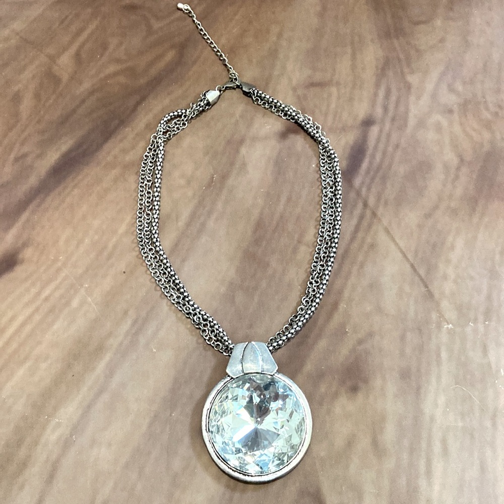 Costume Silver 3 Chain Necklace w/ Large Jewel Medallion